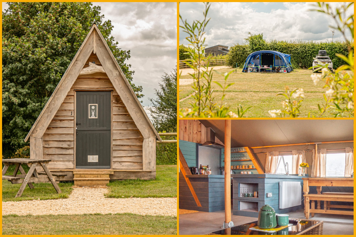 Collage of images of a pod, tent and Sunflower Safari Tent interior